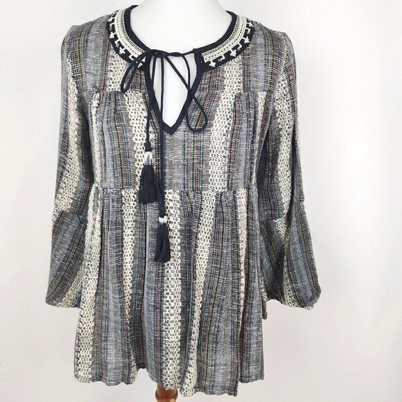 Altar'd State Beaded Embroidered Sparkle Tunic Top 3/4 Bell Sleeve Tassels sz M - Picture 1 of 8